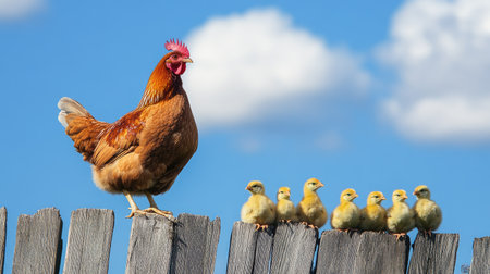Mother hen perched on a fence, watching over her chicks below, with space in the sky for copy.の素材