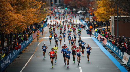 Marathon runners crossing the finish line, exhausted but triumphant.の素材