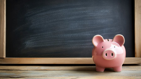 Piggy bank in front of a blank chalkboard, leaving room for text or copy above.の素材