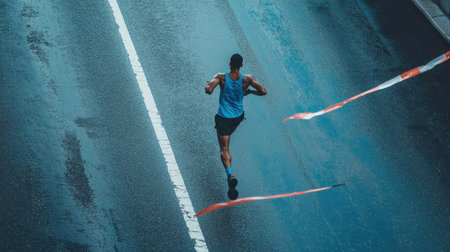 Runner crossing a marathon finish line, with road stretching out behind.の素材