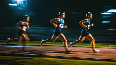 Runners sprinting on a track, captured mid-stride with stadium lights in the background.の素材