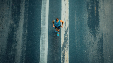 Runner crossing the finish line of a marathon, viewed from above with the road ahead.の素材