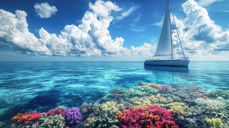 Sailboat anchored near a coral reef, with vibrant waters and room in the sky for copy.の素材
