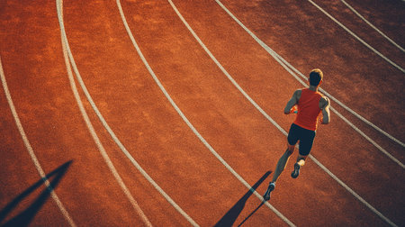 Runner sprinting on a track, top view showing lane markings and stadium.の素材