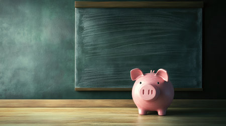Piggy bank in front of a blank chalkboard, leaving room for text or copy above.の素材