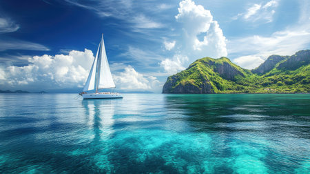 Sailboat anchored near a tropical island, surrounded by crystal-clear water and space for copy.の素材
