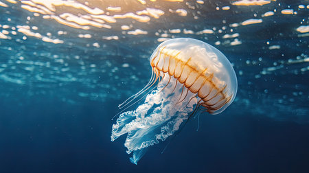 Single jellyfish floating near the surface, leaving the deep blue ocean for copy space.の素材