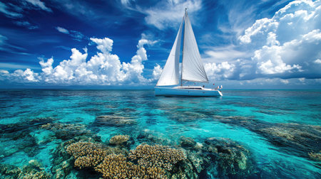 Sailboat anchored near a coral reef, with vibrant waters and room in the sky for copy.の素材