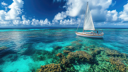 Sailboat anchored near a coral reef, with vibrant waters and room in the sky for copy.の素材