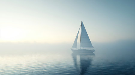 Sailboat on a misty morning, with fog creating a serene atmosphere and space for text.の素材