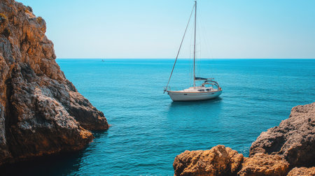 Sailboat anchored near a rocky coastline, with plenty of sky and ocean for text.の素材