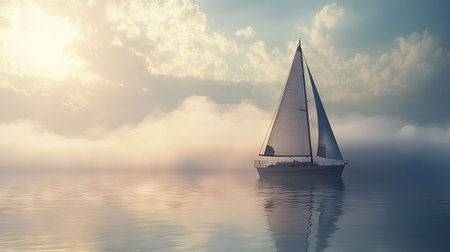 Sailboat on a misty morning, with fog creating a serene atmosphere and space for text.の素材