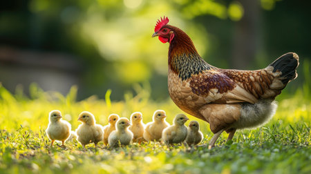 Side view of a mother hen watching over her chicks, with open space around for copy.の素材