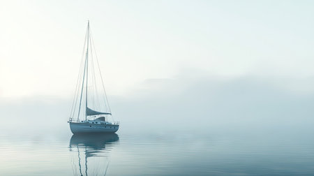 Sailboat on a misty morning, with fog creating a serene atmosphere and space for text.の素材