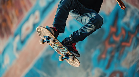 Skateboarder in mid-air performing a flip trick, captured from above in an urban setting.の素材