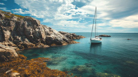 Sailboat anchored near a rocky coastline, with plenty of sky and ocean for text.の素材