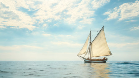 Sailboat with billowing sails on a sunny day, leaving a clear horizon for copy space.の素材