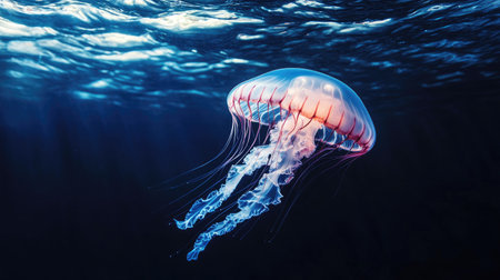 Single jellyfish floating near the surface, leaving the deep blue ocean for copy space.の素材