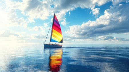 Sailboat with colorful sails gliding through a calm sea, leaving space in the water for text.の素材