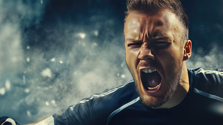 Soccer goalkeeper shouting instructions, directing the defense with authorityの素材