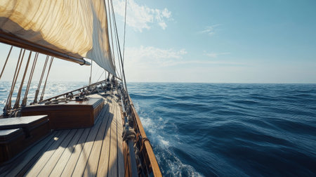 View from a sailboat deck looking out over the ocean, with clear sky for copy.の素材