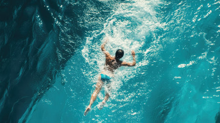Swimmer backstroking across the pool, captured from above with water splashing.の素材