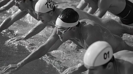 Swimmers preparing at the starting blocks, tense with anticipation.の素材