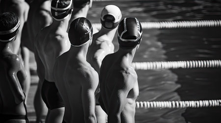 Swimmers lined up in their lanes, poised and ready to dive in at the start of a race.の素材