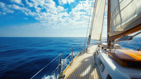 View from a sailboat deck looking out over the ocean, with clear sky for copy.の素材