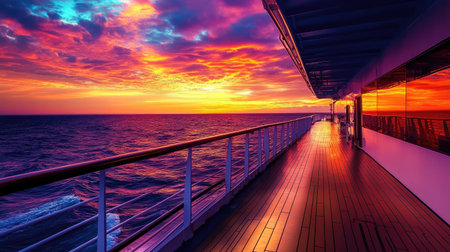 Sunset over a cruise ship deck, with space in the glowing sky for copy. -の素材
