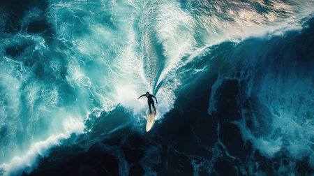 Surfer riding a wave, seen from above with ocean waves stretching out behind.の素材