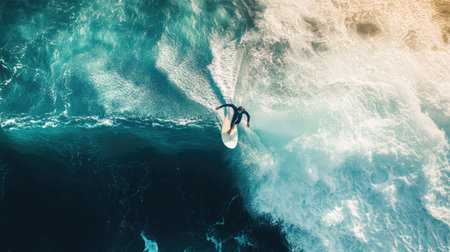 Surfer riding a wave, seen from above with ocean waves stretching out behind.の素材