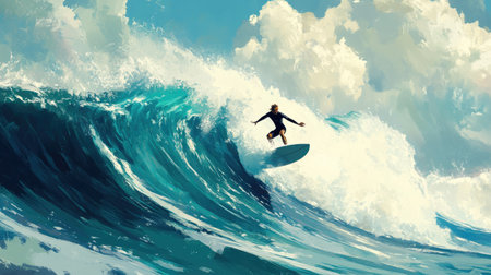 Surfer riding a massive wave, balancing perfectly with the ocean horizon in view.の素材