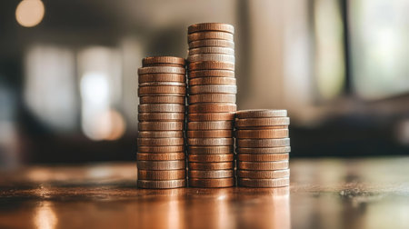 Stacked coins growing in height on a table, with open space above for copy.の素材