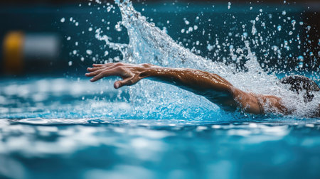Swimmer performing a flip turn in a race, water splashing as they push off the wall.の素材