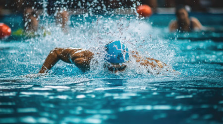 Swimmer diving into a pool at the start of a race, with splashing water from above.の素材