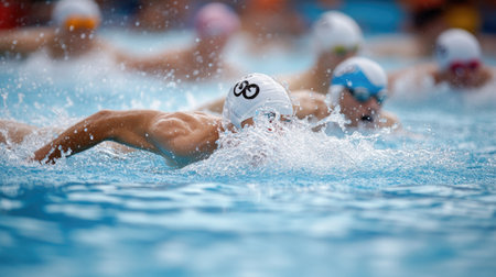 Swimmers racing in their lanes, water splashing as they power through the pool.の素材