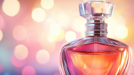 Close-up of an elegant perfume bottle with a sleek design, set against a soft, blurred background for ample text space.の素材