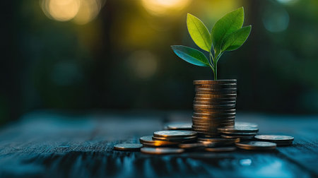 Stacked coins with a green plant sprouting on top, symbolizing growth, with copy space.の素材