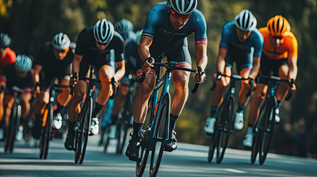 Cyclists drafting each other in a road race, focused on speed and endurance.の素材