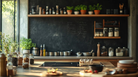 A cooking class setup with empty space on the table or wall for text.の素材