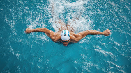 Swimmer backstroking across the pool, captured from above with water splashing.の素材