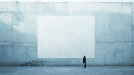 A blank wall with a person standing in front of it, symbolizing uncertainty and providing space for copy.の素材