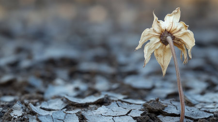 Close-up of a dried, wilted flower on cracked soil, with room for text in the background.の素材