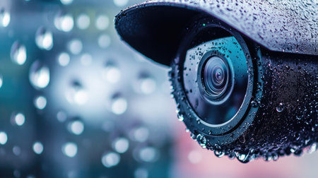 Close-up of a weatherproof CCTV camera with water droplets, leaving ample room for copy on the rightの素材