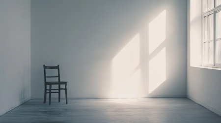 An empty room with blank walls and a single chair, providing space for text.の素材