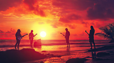 A band harmonizing on a beach with a sunset backdrop and space for text.の素材