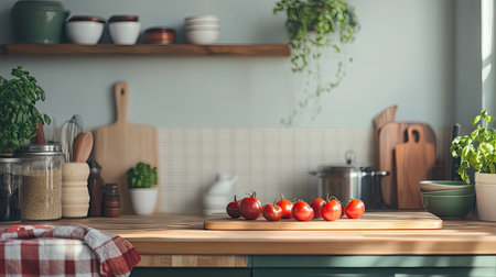 A cooking class setup with empty space on the table or wall for text.の素材