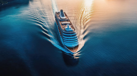 Aerial view of a cruise ship on calm waters, leaving waves behind and clear water for text. -の素材