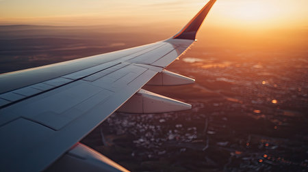 A close-up of an airplane wing with a blurred landscape in the background for copy.の素材